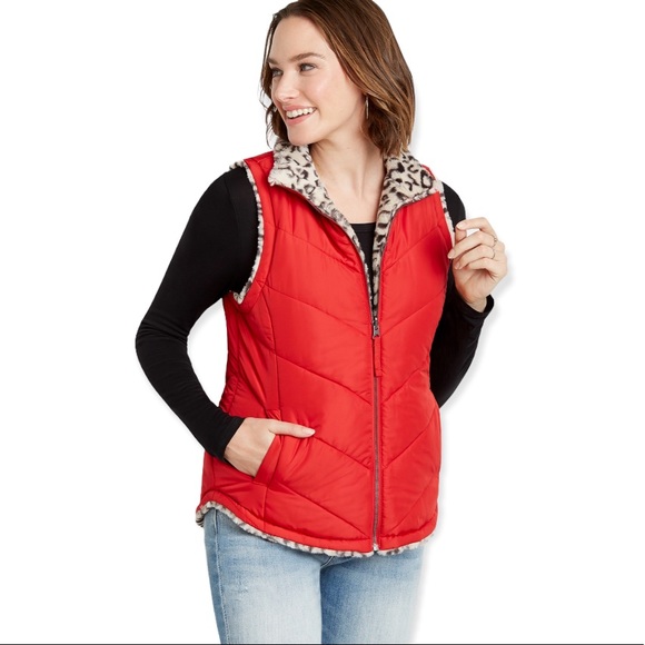 1X Leopard Reversible Sherpa Zip Up Vest - Picture 7 of 17